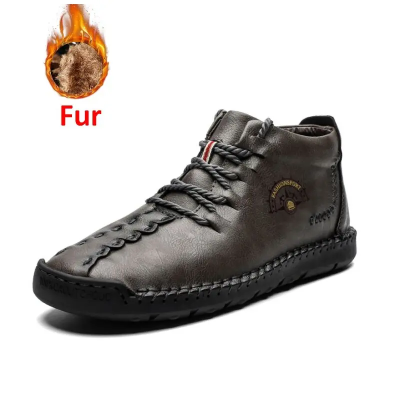 GRAY Fur UEXIA/Новые мужские ботинки; зимние теплые ботинки на меху; Мужская обувь; модные мужские зимние кожаные ботильоны; размеры 38-48 - Цвет: GRAY Fur