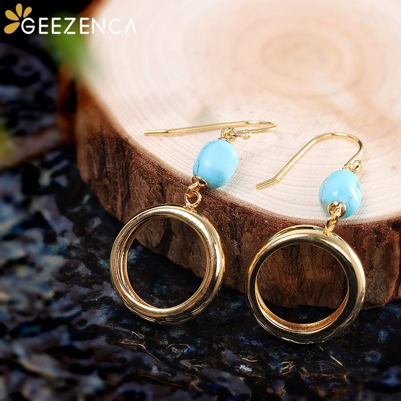 

925 Sterling Silver Gold-plated Turquoise Round Circle Drop Earrings Fine Jewelry for Women Simple Trendy Geometric Earring Cute