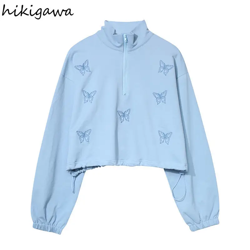

Hikigawa Women Clothes Sweatshirts Butterfly Embroidery Stand-neck Pullovers Loose Korean Hoodie Harajuku Fashion Hoodies Tops