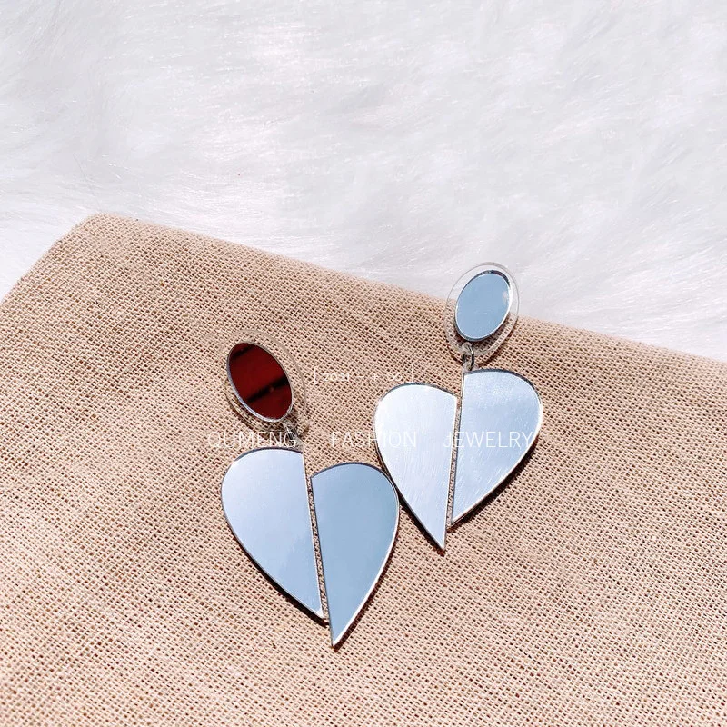 

925 Silver Needles Drop Earrings For Women Mirror Personality Split Heart Design Sense Temperament Europe America Jewelry h136