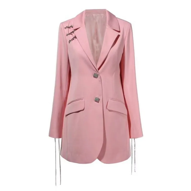 

Diamond Chain Tassel Button Lady Pink Blazer Bust-Pin Suit Jacket Women Korean Lapel Single-Breasted Mid-Length Solid Outerwear