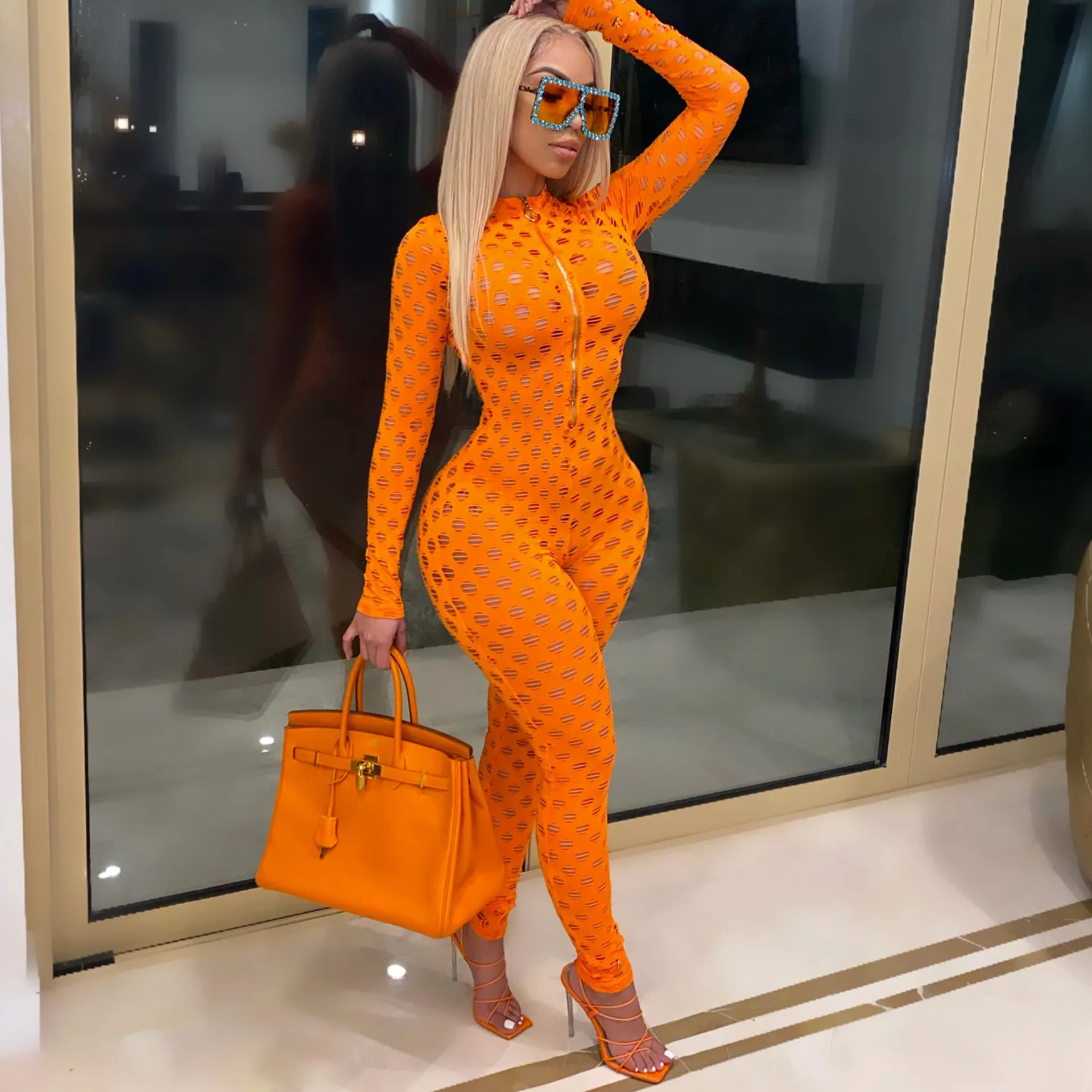 

New Womens Hollow Out Sexy Zipper See Through Rompers Jumpsuit Long Sleeve Fashion Bodycon Autumn Club One Piece Sheer Jumpsuits