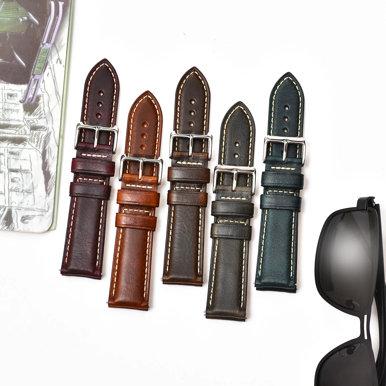 BEAFIRY Oil Tanned Leather 22mm 20mm 18mm Watchband Quick Release Watch Band Strap Brown for Men Women compatible with Fossil