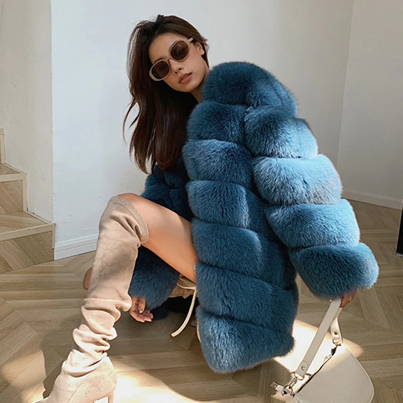 Winter Fashion Fox Fur Coat Women New Medium Length High Street Woman Genuine Fox Fur Coat V-Neck Full Pelt Fur Overcoat Natural