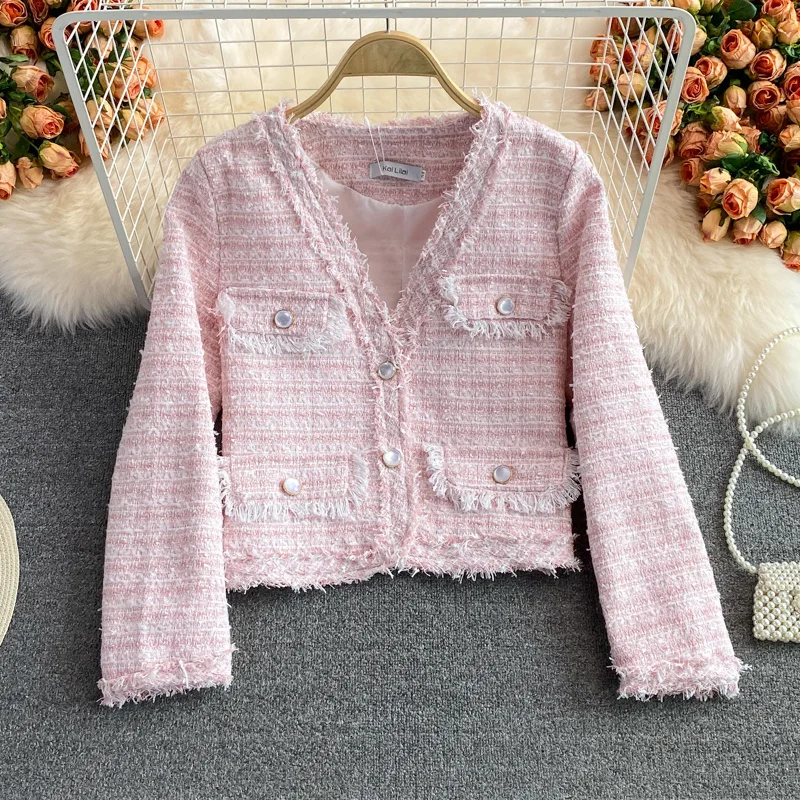 

Small Fragrance Vintage Tweed Jacket Coat Women Autumn Winter Long Sleeve Short Woolen Coats Korean Fashion Casual Outwear