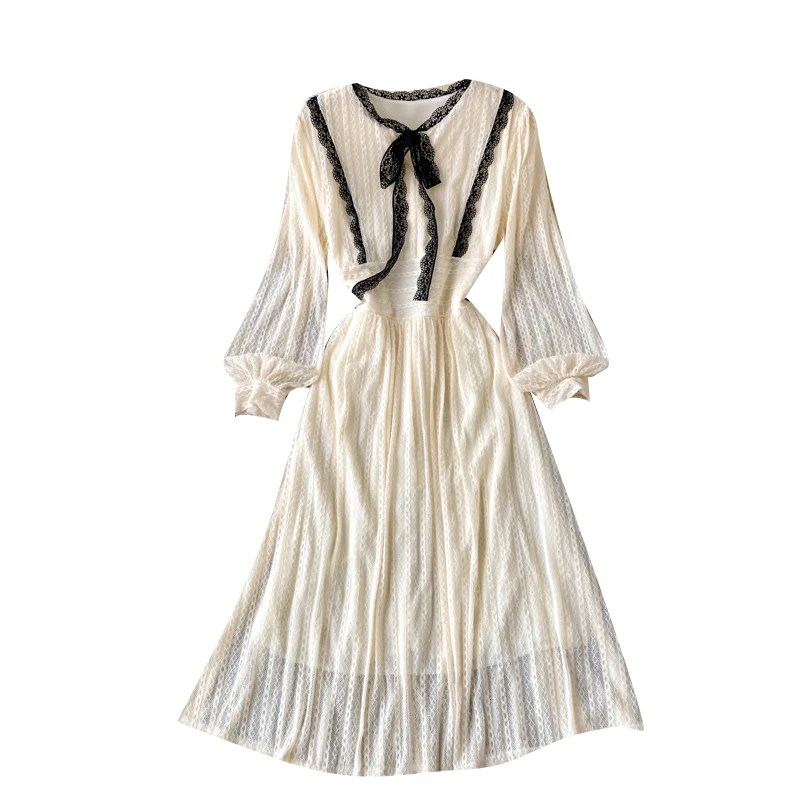 

French Sweet Women Dress Autumn Bow O Neck Puff Sleeve Lace A-line Dresses Elegant Fashion Streetwear Midi Long Dress