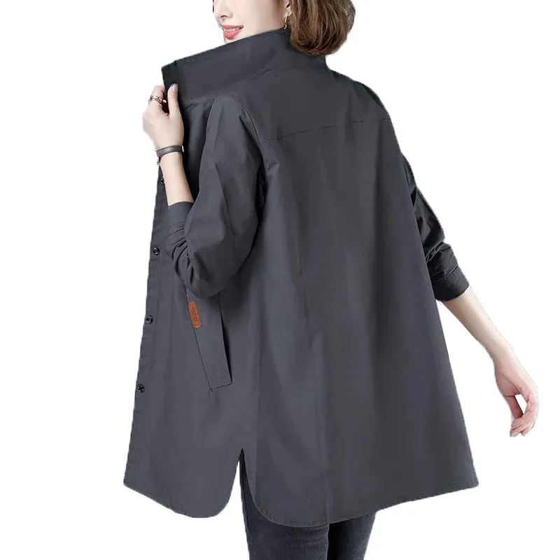 Ветровка женская средней длины с подкладкой пальто однобортная Свободная куртка