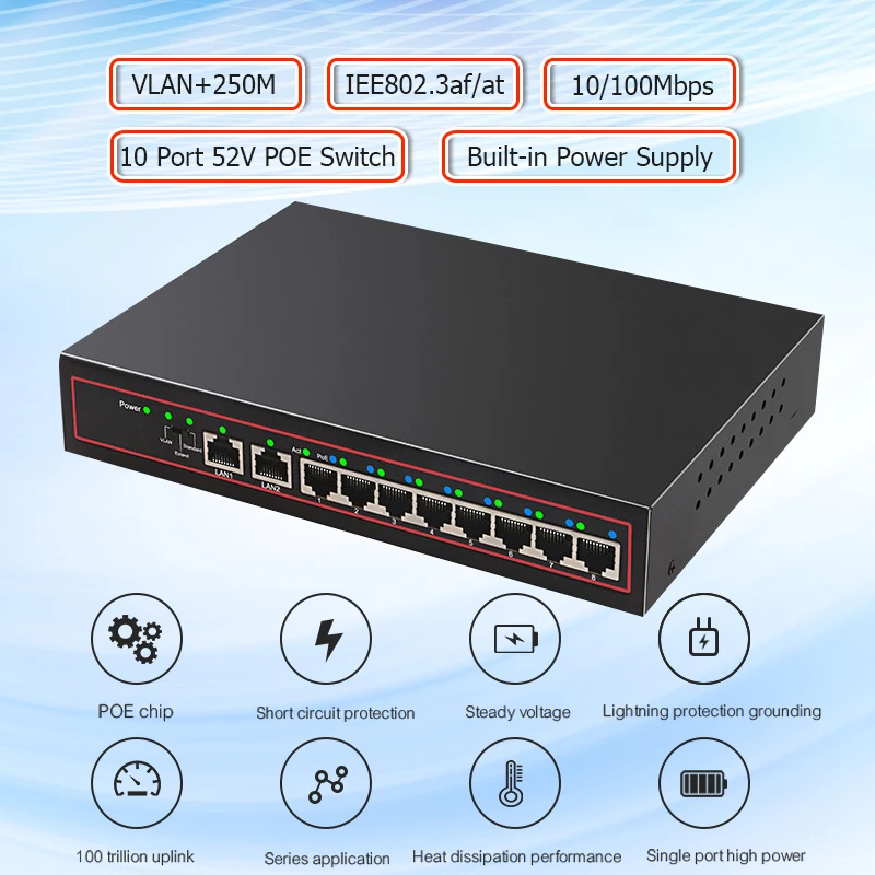 Коммутатор POE с 10 портами 48 В сетевой коммутатор Ethernet 8 PoE выключатель инъектор для