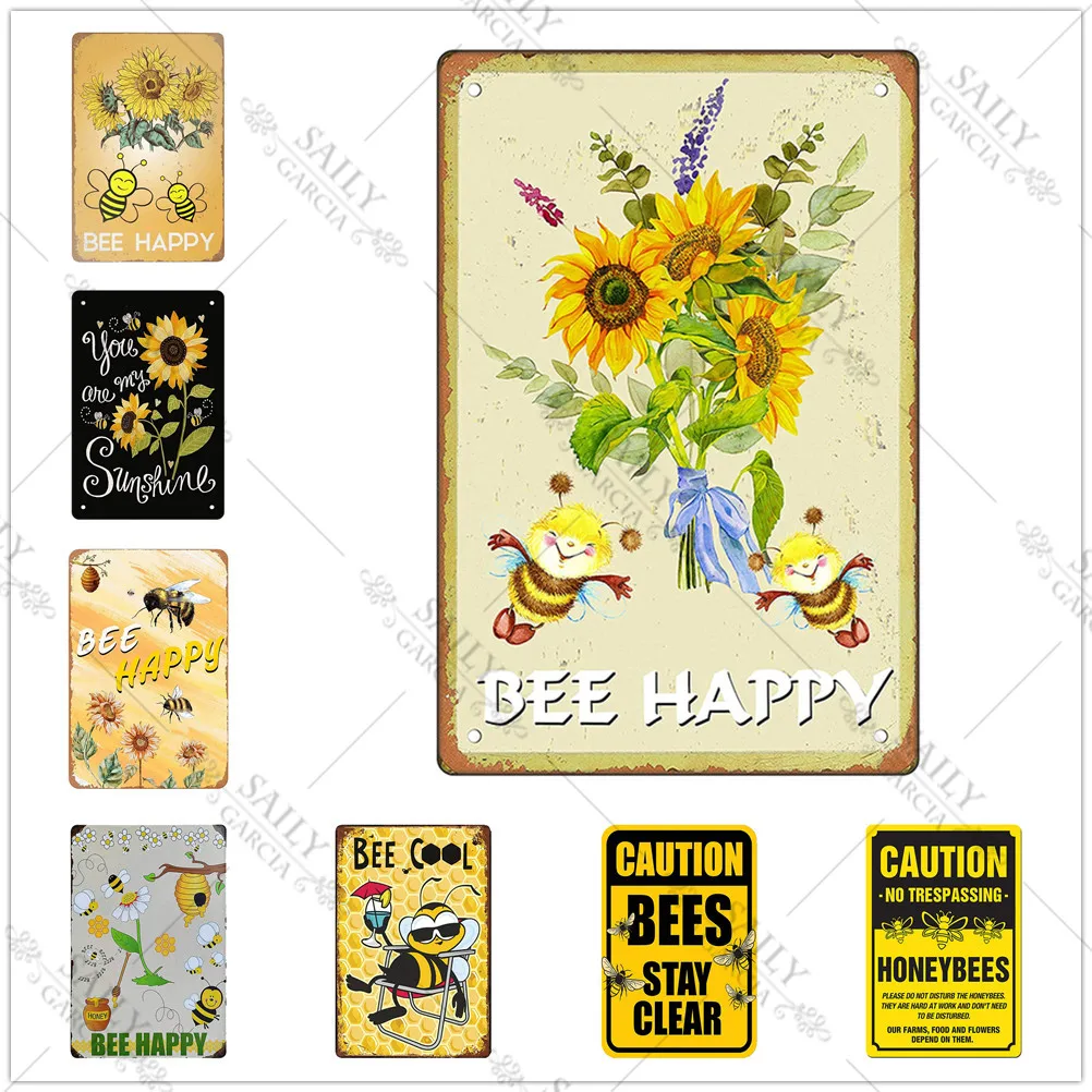 

Bee Happy In The Sunshine Honeybee Beekeeper Slogans Retro Vintage Metal Plate Decoration Wall Decor Tin Metal Sign Poster