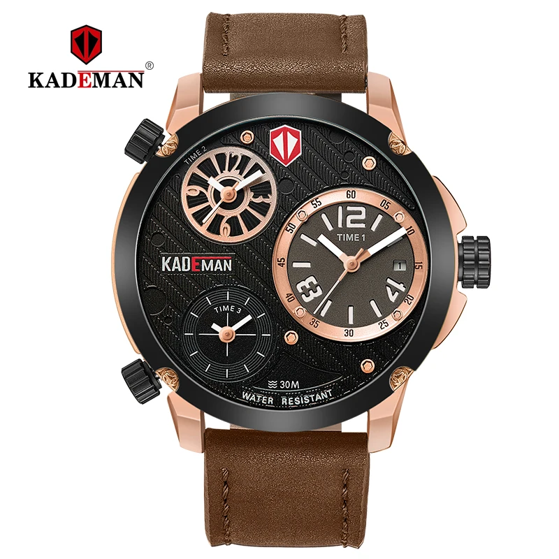 KADEMAN Mens Watches Waterproof Sports Wrist Luxury Brand Watch Casual Leather Strap Male Multiple Time Zones Relogio Masculino