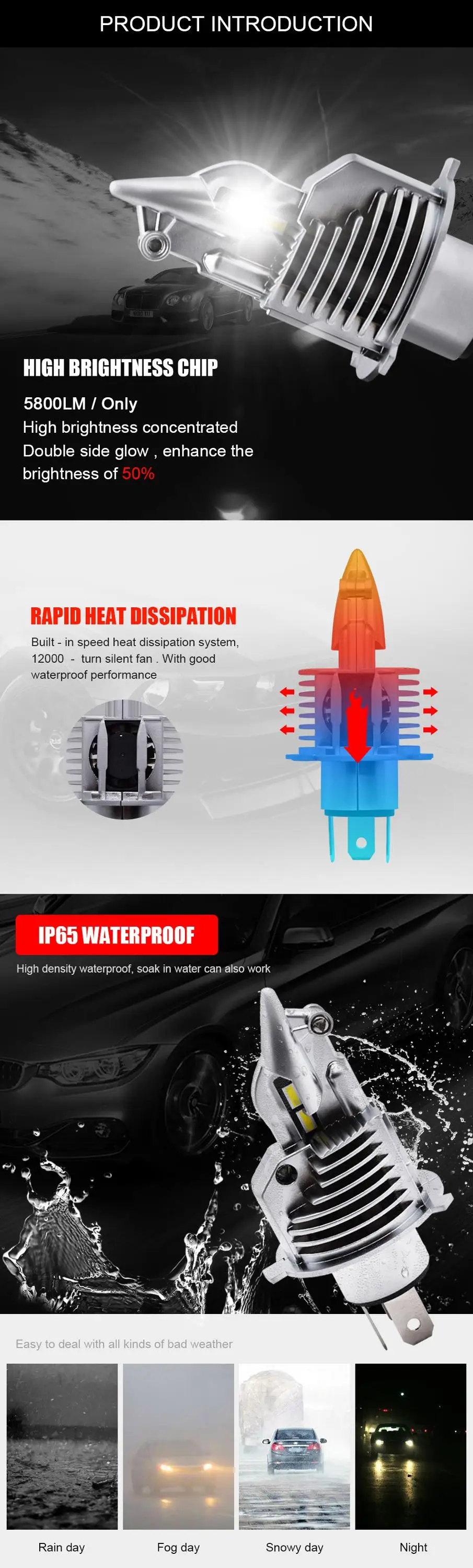 

H4 HB2 9003 Car Motorcycle LED Headlight Bulbs M6 High Low Beam 60W 12000LM 6000K Wireless Direct Plug-in