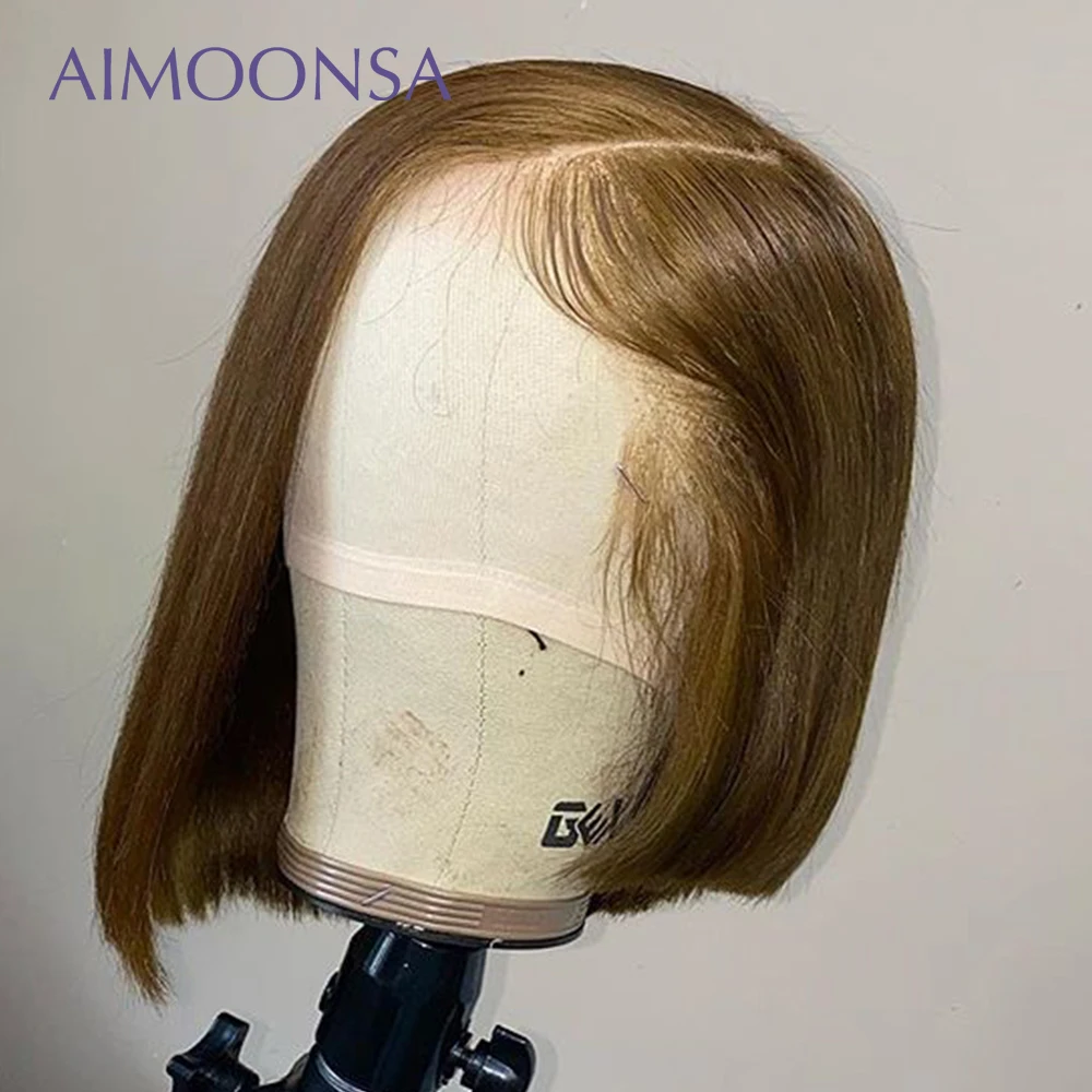 Brown Short Bob Straight Human Hair Wig Bleached Knots 13*4 Lace Front Wig 130 Density Glueless Blonde Remy Hair Wigs For Women