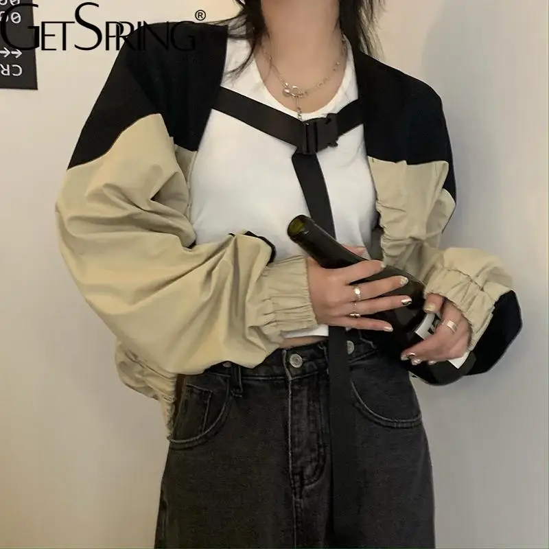 

GetSpring Женская куртка Лоскутная Короткая бейсбольная мотоциклетная Асимметричная Женская куртка с длинным рукавом женские осенние Топы на ...