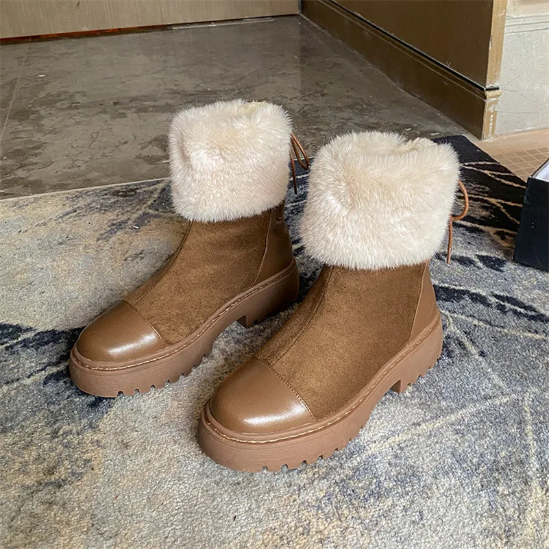 

Meotina Real Leather Snow Boots Women High Heel Ankle Boots Platform Block Heel Shoes Lace Up Female Short Boots Brown Size 40