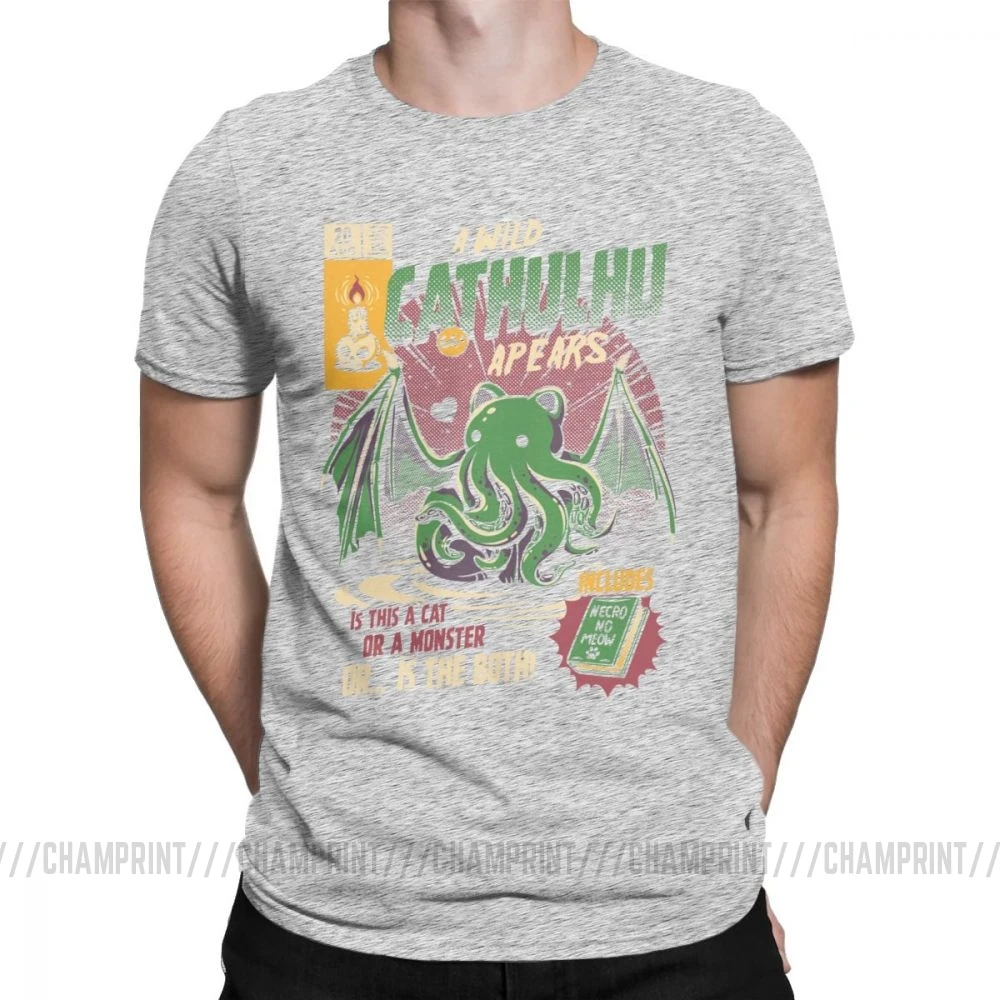 A Wild Cthulhu, футболки для мужчин, чистый хлопок, Повседневная футболка, кот, монстр, череп, Мультяшные топы, Милые Забавные футболки, Новое поступление - Цвет: Серый