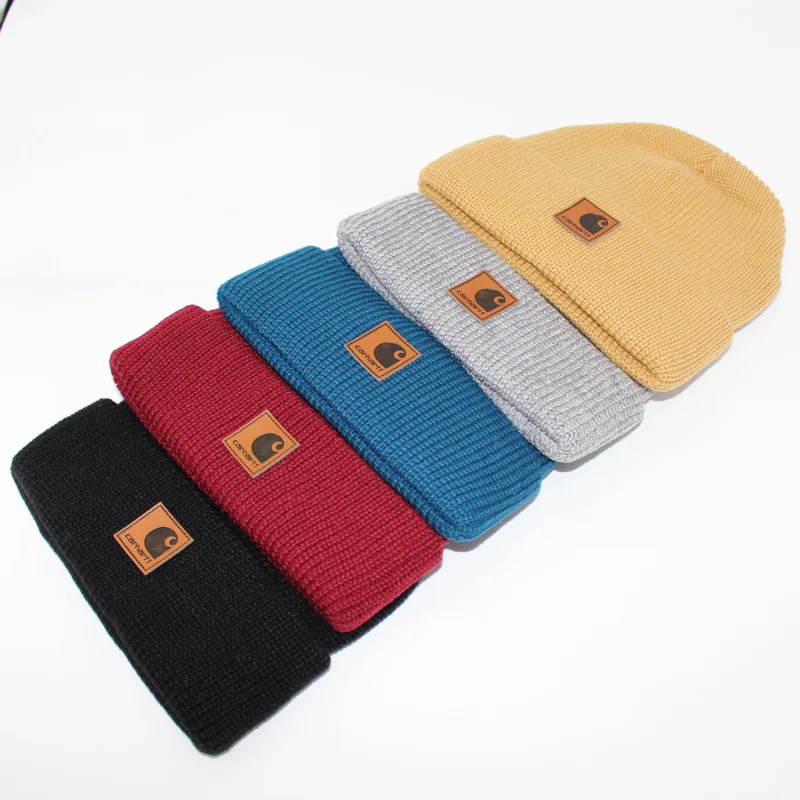 

New Leather Label Knitted Hat Men's Fashion Brand Cold Hat Women's Wool Hat New Student Warm Hat Solid Color Style Pattern Type