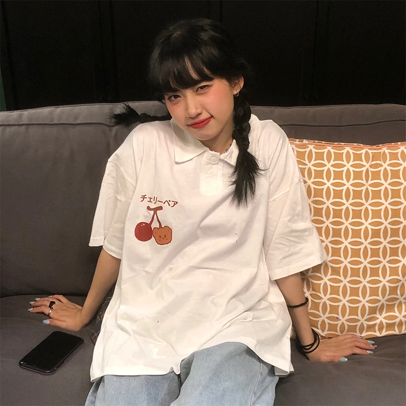 

Sweet Soft Student Loose T-Shirt Women Japanese Kawaii Cute Short-Sleeved Tee Harajuku Cherry Print Turn-Down Collar Streetwear