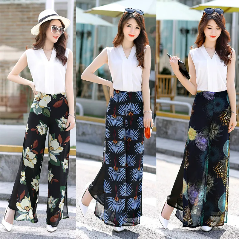 

Брюки женские шифоновые с разрезом сбоку, тонкие с цветочным принтом, с широкими штанинами, с завышенной талией, для отдыха и пляжа, размеры ...