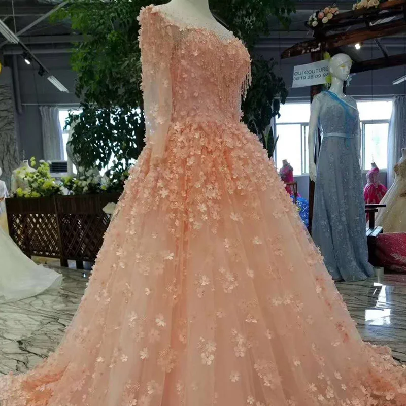 Розовые платья для девочек LSS197 с длинным тюлевым рукавом и круглым вырезом в пол