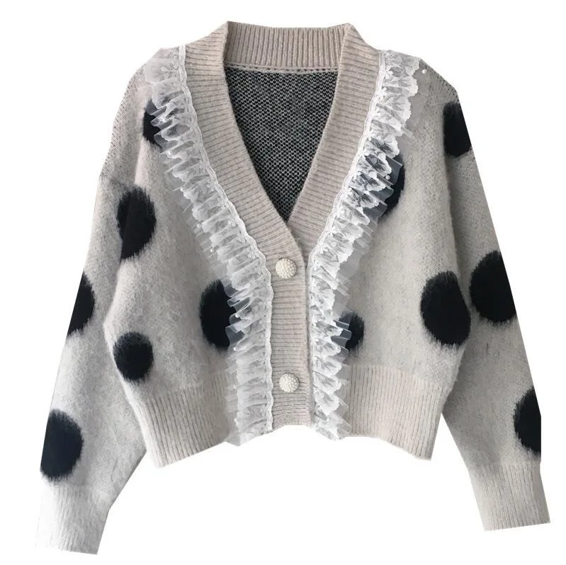 

V-neck sweater women 2021 spring single-breasted long-sleeved big polka-dot sweater short college style cardigan jacket loose