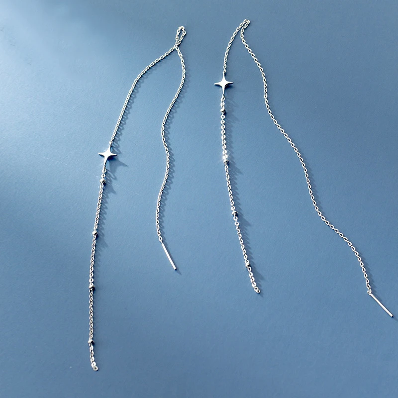 

100% Real 925 Sterling Silver Simple Extra Long Drop Earrings Pull Through Threader Earring Fine Jewelry for Women Party Jewelry