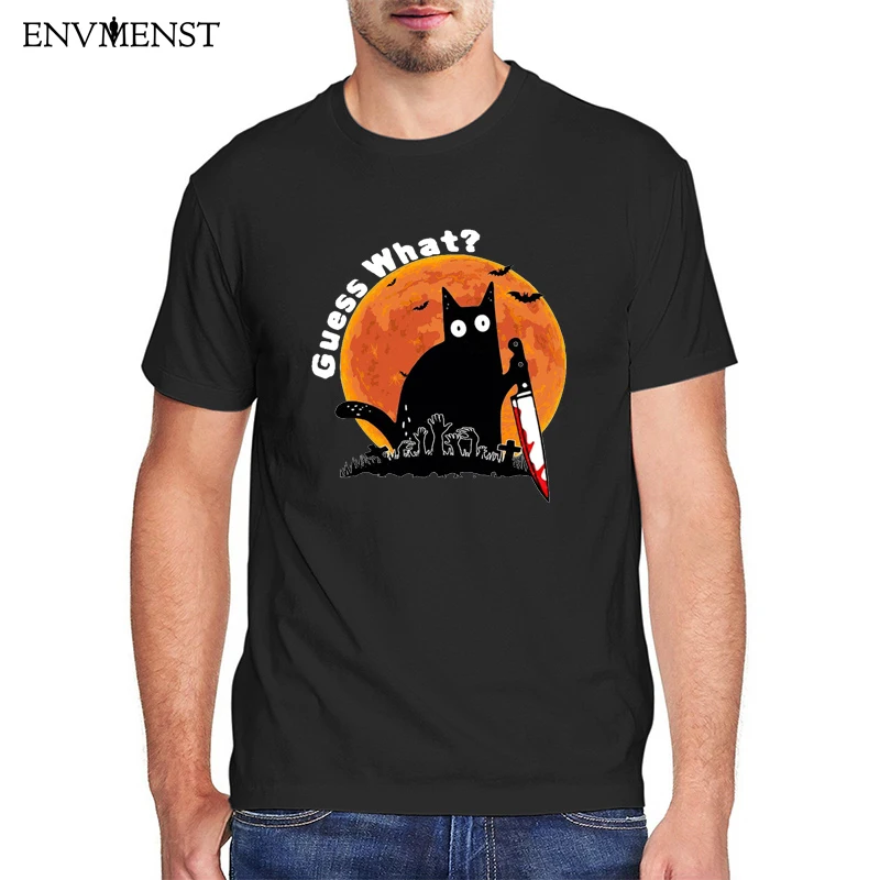 

Guess What Cat T Shirt Men Clothing Harajuku T-Shirt Murderous Black Cat With Knife Graphic Short Sleeve Tee Men Vintage Tops