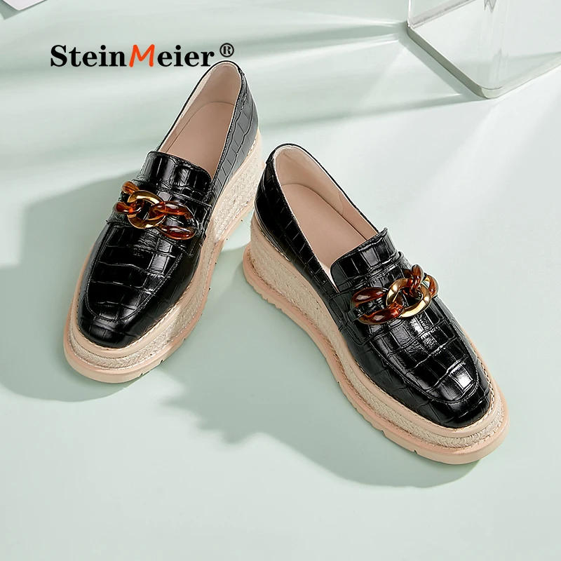 

Steinmeier Women Leisure Cow Leather Straw Wedges Thick Bottom Square Toe High Heel Slip On Platform Young Lady Women Pumps