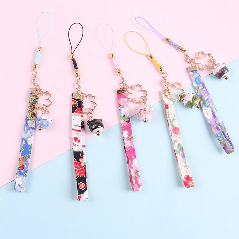 Милый японский брелок с кошкой на удачу вышивкой в виде вишни веревка для