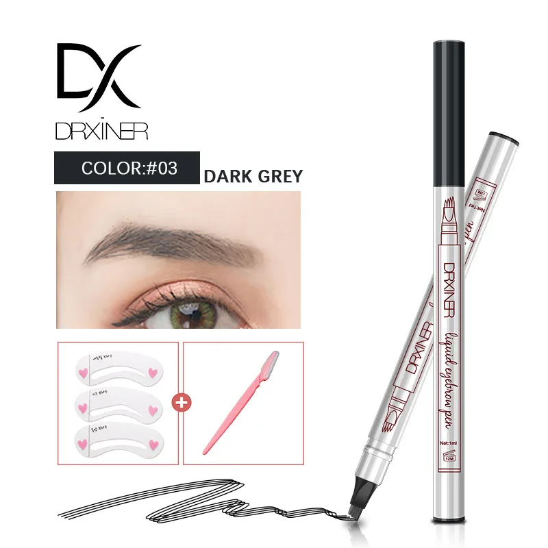 Dark grey Drxiner, 4 головки, маркер для бровей, карандаш, водонепроницаемый, микроблейдинг, для бровей, тонкая татуировка, ручка, тени для бровей, макияж, карандаш для бровей - Цвет: Dark grey