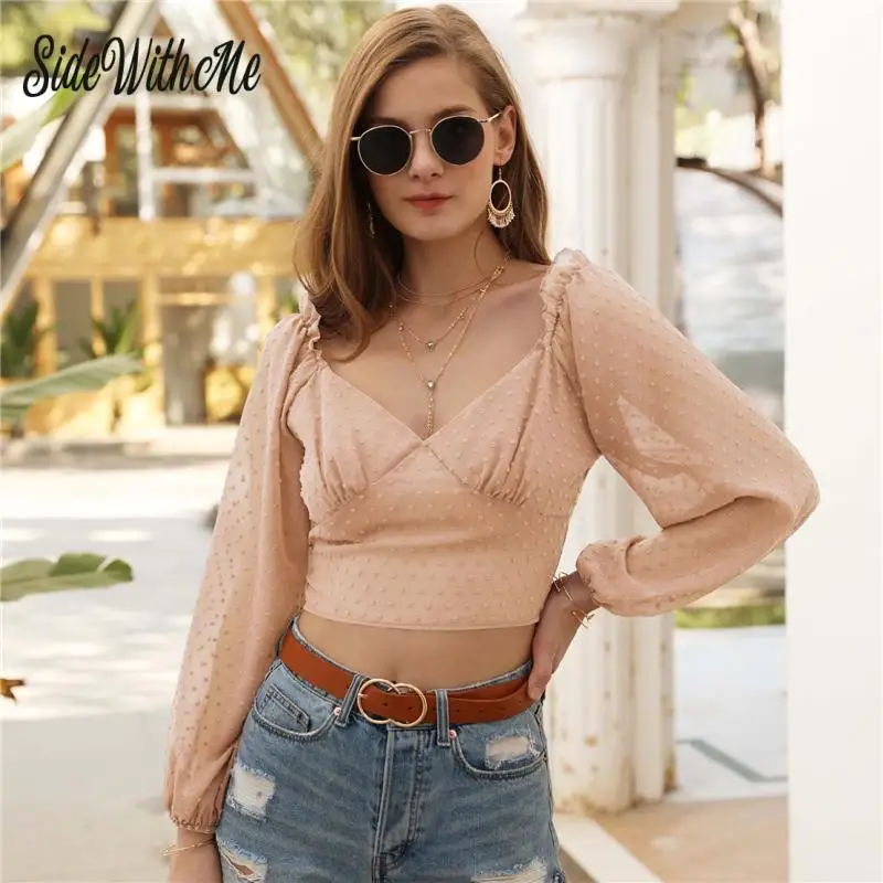 

Women Sexy V-Neck Blouses Chic Lantern Sleeve Short Style Ladies Solid Blouse Summer Transparent Long Sleeve Ruffles Blouses Top
