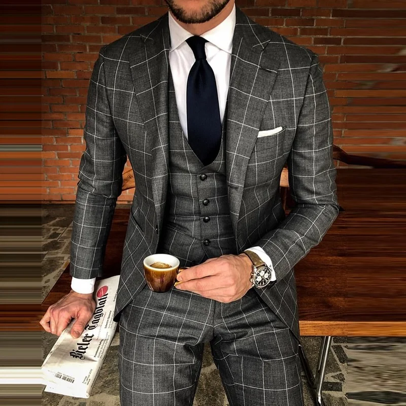

Men Blazer Slim Fit 2021 Spring Autumn New Gray Plaid Pocket Suit Jacket Casual Fashion Mens Clothing