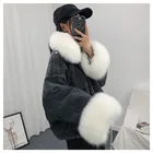 Куртка джинсовая паркерская, с большим меховым воротником, со съемным воротником, зимняя, 2021