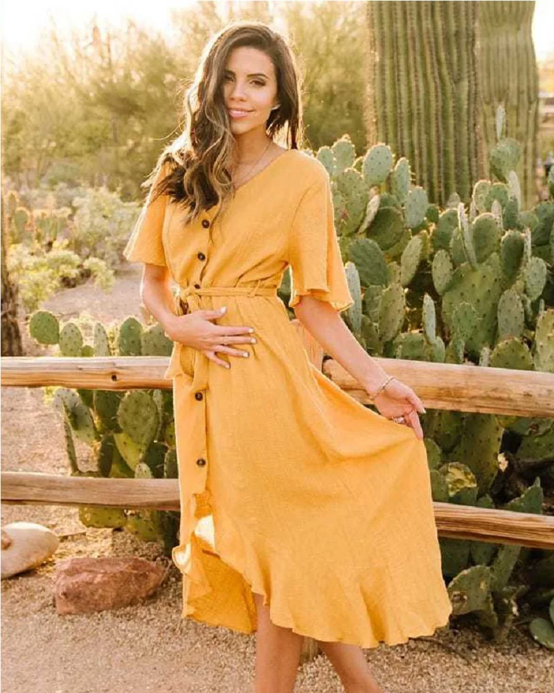 

Blue Solid Cotton Midi Dresses For Women irregular Robe 2021 Summer Ruffles V Neck Long Dress Casual Plus size Vestidos