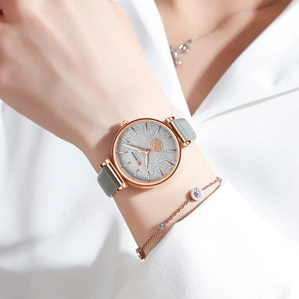 

CURREN New Charming Clock Women Quartz Leather Beautiful Flower Wristwatches for Elegant Ladies Watches Reloj Mujer