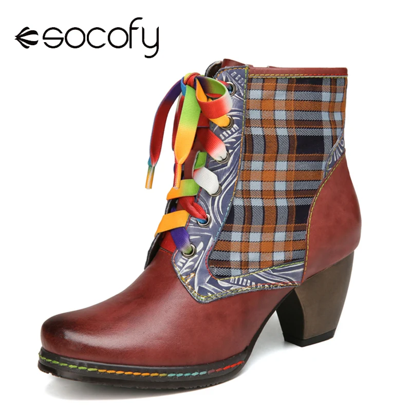 

SOCOFY Retro Genuine Leather Lattice Splicing Comfy Colorful Shoelace Comfy Chunky Heel Short Boots Comfortable Round Toe Shoes