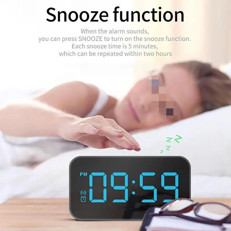 

Digital LED Mirrow Screen Alarm Clocks Voice Control for Bedroom Snooze Function Desk Table Clock USB Interface Voice Clock