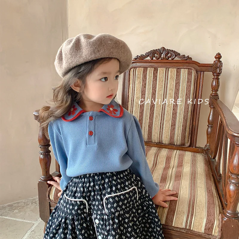 

Children's Wear 2021 Autumn New Sweet Foreign Flower Lapel Girl Shirt Long Sleeve Top