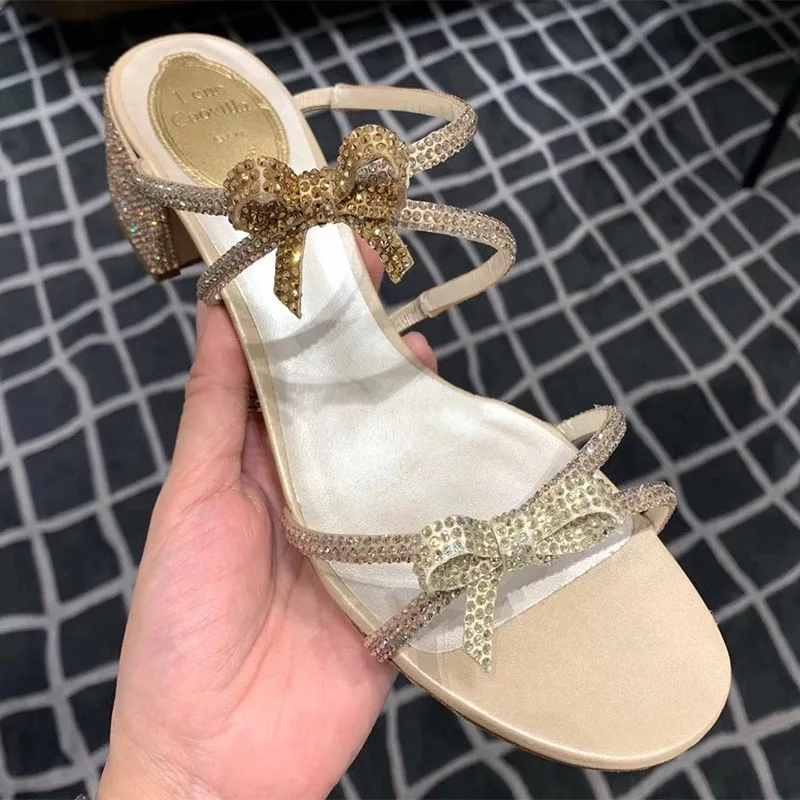 

2021 Spring and Summer New Bowknot Color-Blocking Fashion Slippers Women's Rhinestone Slippers Thick Heel Women's Shoes