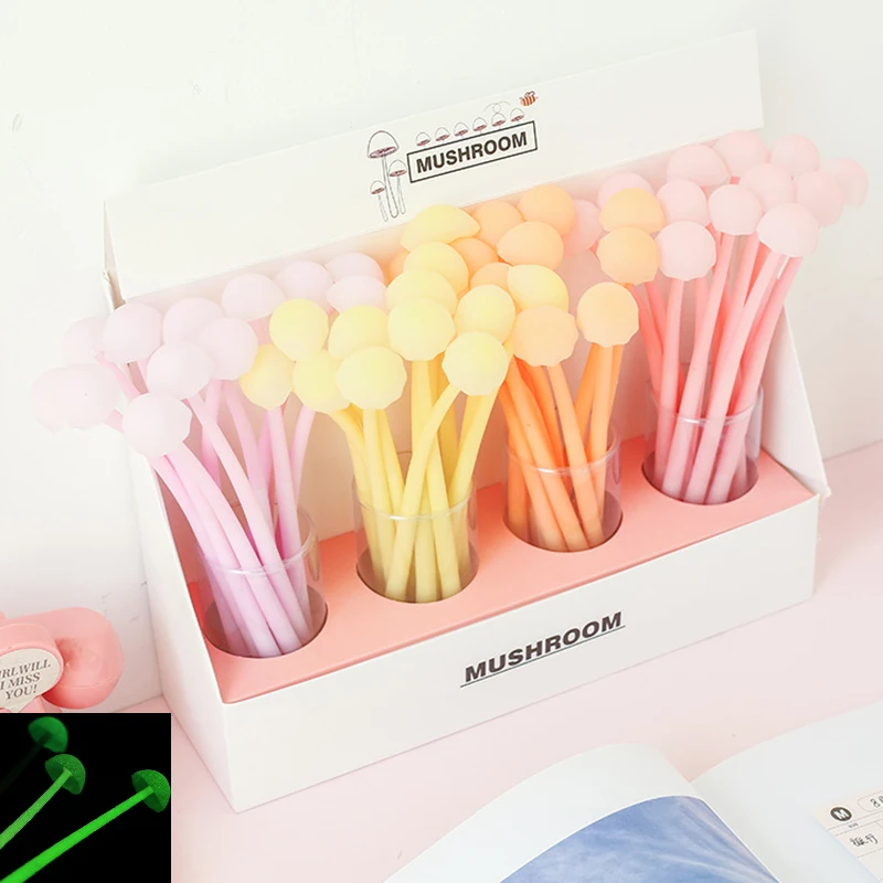 

12Pcs Cute Stationery Kawaii Mushroom Pens Food Silica Gel Handle Luminous Ballpoint Funny School Teacher Wedding Girl Kids Gift