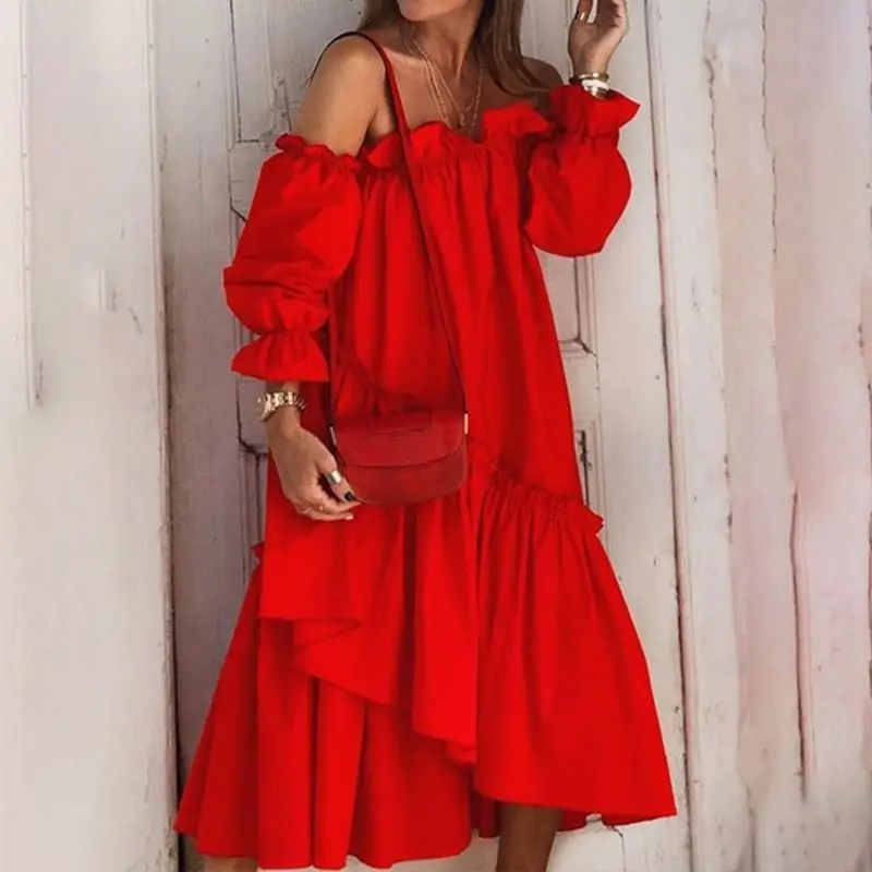 Sexy Off Shoulder Lace Pleated Autumn Dress Women Long Sleeve Irregular Hem Dress