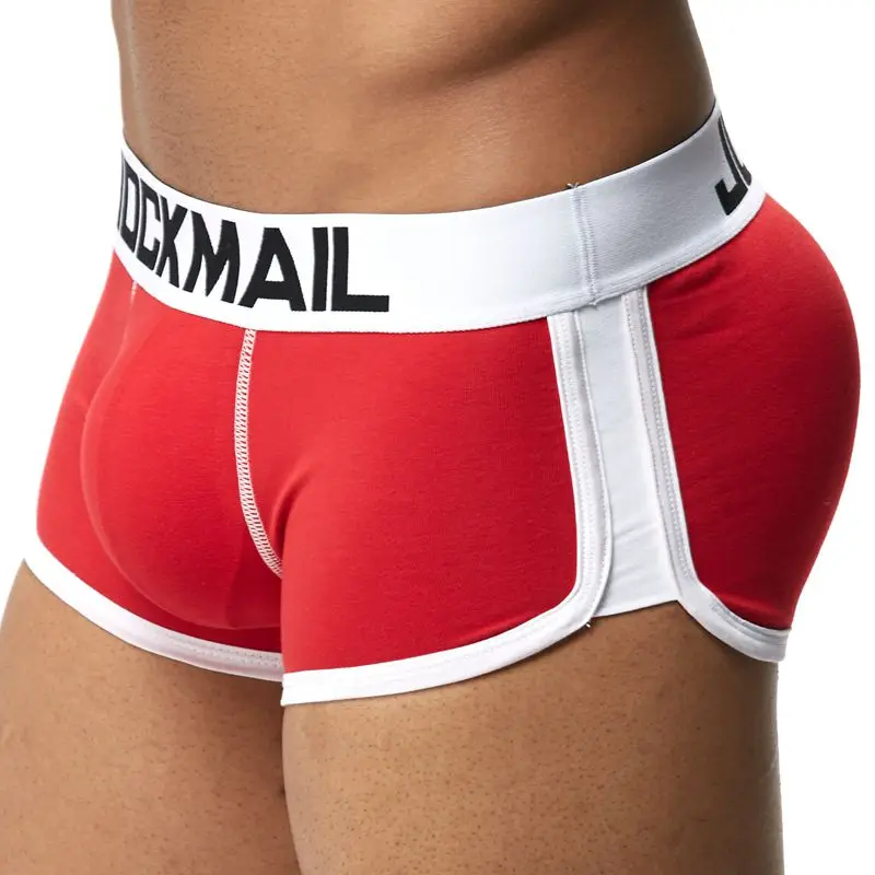Красный JOCKMAIL, фирменное Мужское нижнее белье, боксеры, плавки с сексуальным мешочком для пениса, усиление выпуклости спереди+ сзади, Двойная съемная чашка пуш-ап - Цвет: Красный