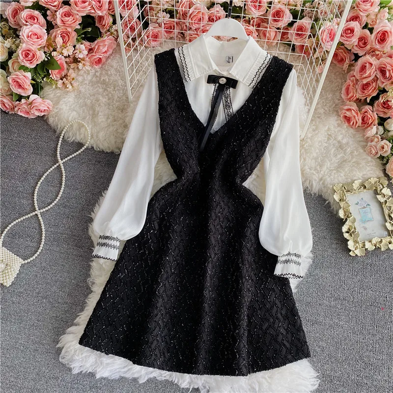 

Spring new bow knot temperament Hepburn style tweed V-neck strap skirt dress two-piece suit chiffon shirt