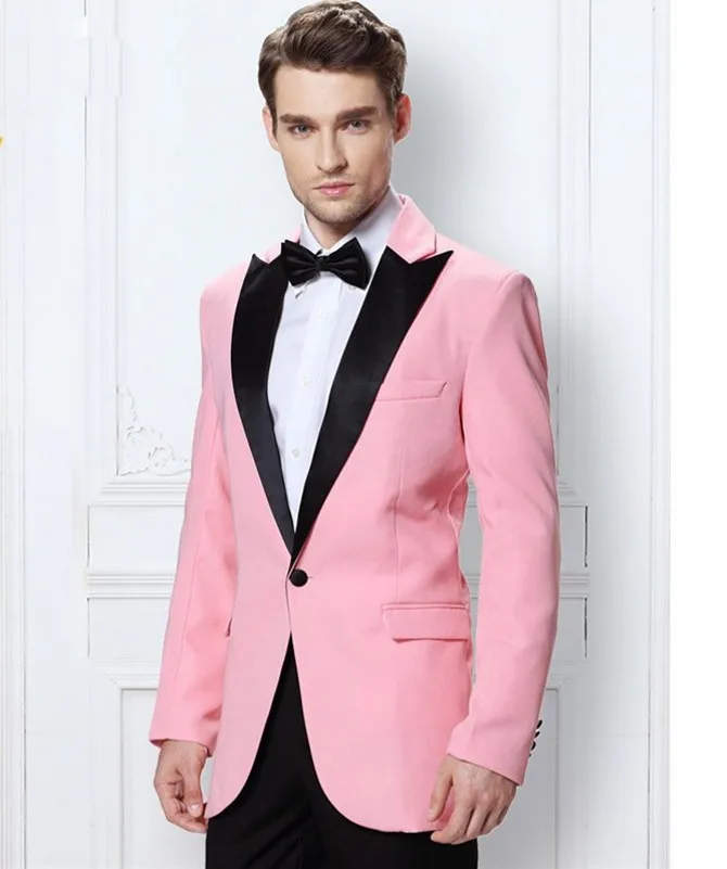 

2 Pieces Pink Groom Tuxedos (Jacket+Pants+tie) One Button Peak Lapel Mens Suits Best Men Suits Custom Wedding Suit for Men