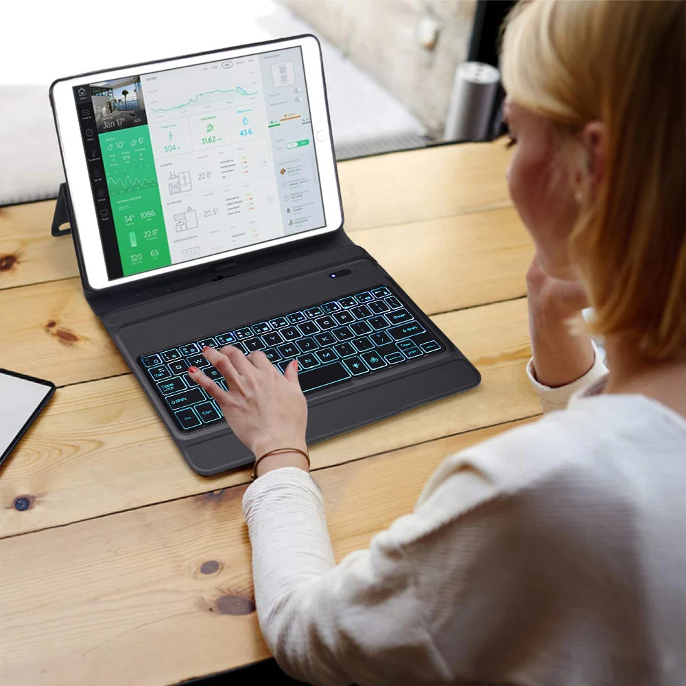Bluetooth клавиатура с из искусственной кожи чехол для iPad Air 1 2 iPad Pro 9,7 дюймов Bluetooth клавиатура 7 цветов с подсветкой водонепроницаемый