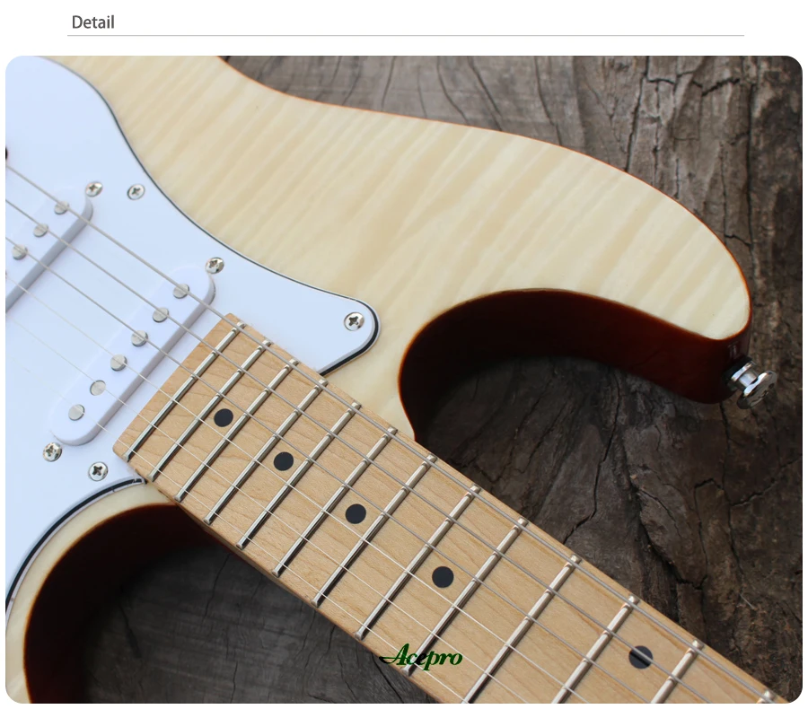 In Stock Acepro Electric Guitar, High quality Natural Flame Maple top Guitar, Wilkinson Tremolo Bridge, 2 Piece Mahogany Body