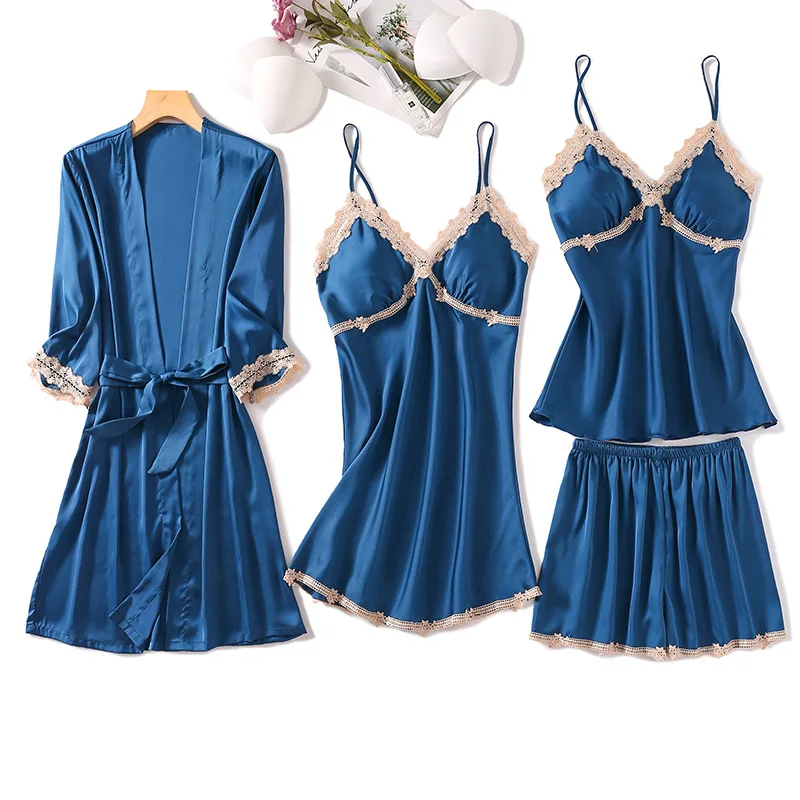 

Pajamas Set Women Kimono Robe Gown Casual 4PCS Nightwear Intimate Lingerie Spring Autumn New Sexy Lace Homewear Novelty Robe Set