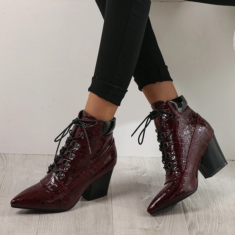 

WETKISS Motorcycle Boots Women Emboss Pu Ankle Boot Female High Heels Shoes Ladies Pointed Toe Metal Shoes Women Winter 2020