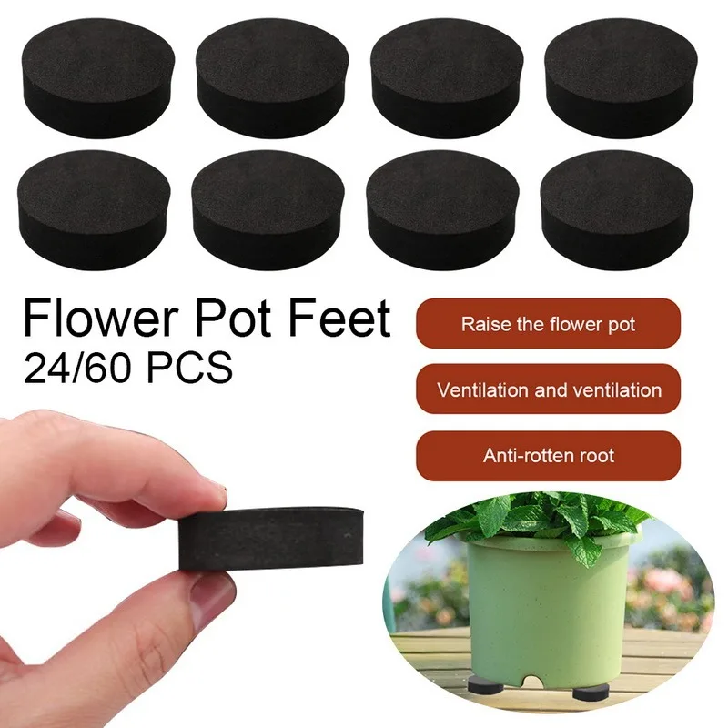 

24/60Pcs Flower Plant Pot Feet Risers Natural Rubber Pot Mat Plant Pots Risers Pad Flower Pot Feet Black