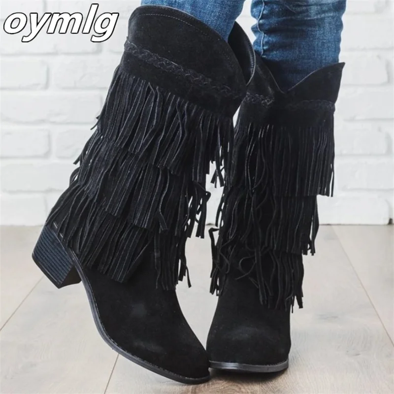 

2020 Winter Women's Boots Fashion Women Tassel Faux Suede Boots Women's Mid-calf Boots Women Warm Short Plush Boots Botas Mujer