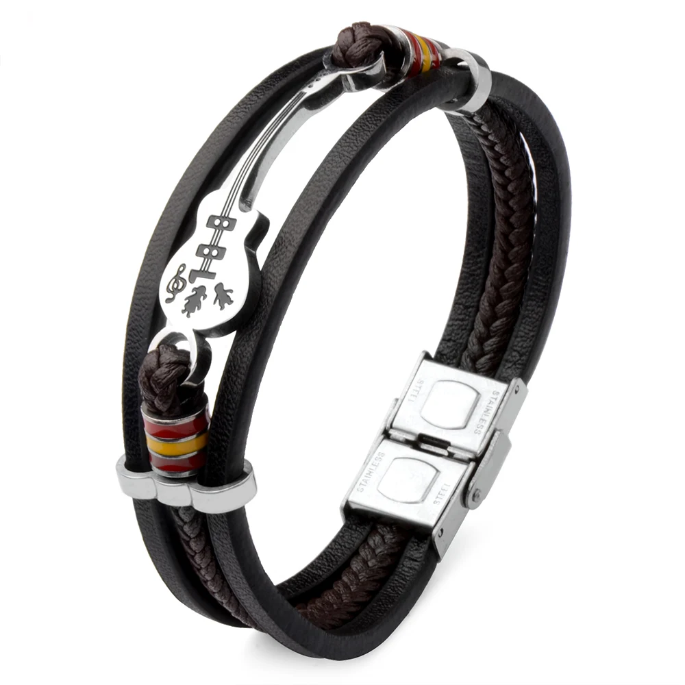 

Stainless Steel Guitar Bracelets Fashion Braided Genuine Leather Bracelet for Men Rope Bangle Music Fans Gift